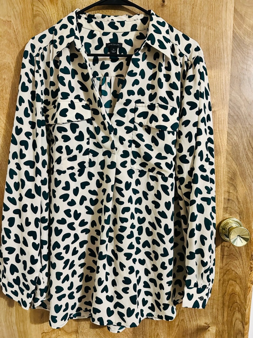 Ann Taylor Cream Blouse with Dark Green Heart Print